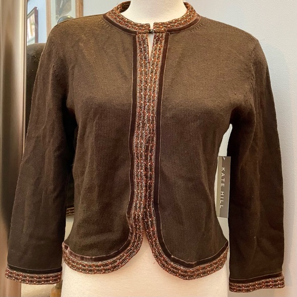 NWT Kate Hill brown merino wool cardigan with hook front. Size large - Picture 3 of 9
